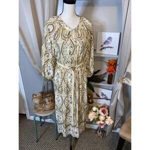 Harlow & Rose L  Boho Style Midi Dress Cream Paisley Floral Print Belt Dress